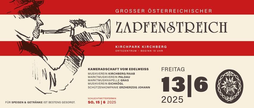 Plakat für eine Musikveranstaltung in Kirchberg. Die Veranstaltung ist ein größeres österreichisches Musikfestival namens Zapfenst. Es beginnt um 19 Uhr im örtlichen Gemeindezentrum.