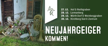 Eine Werbung für Silvester zeigt eine Tuba, Trommeln und ein Kirchenlogo. Termine und Orte sind aufgeführt.