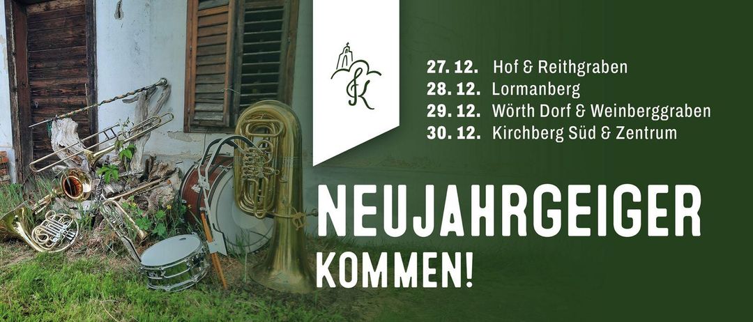 Eine Werbung für Silvester zeigt eine Tuba, Trommeln und ein Kirchenlogo. Termine und Orte sind aufgeführt.