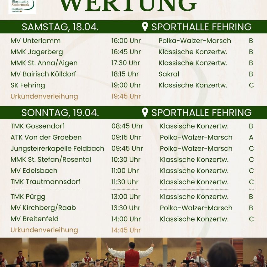 Veranstaltungsplan im Sportsaal Fehring am 18. und 19. April mit klassischen Konzerten und Polka-Walzer-Marsch.