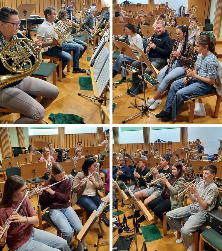 Vier Bilder einer Musikklasse. Ein Bild zeigt eine Frau, die eine französische Horn spielt. Ein anderes zeigt Schüler, die Flöten spielen. Ein drittes zeigt Schüler, die Klarinetten spielen. Das letzte zeigt Schüler, die Trompeten spielen.