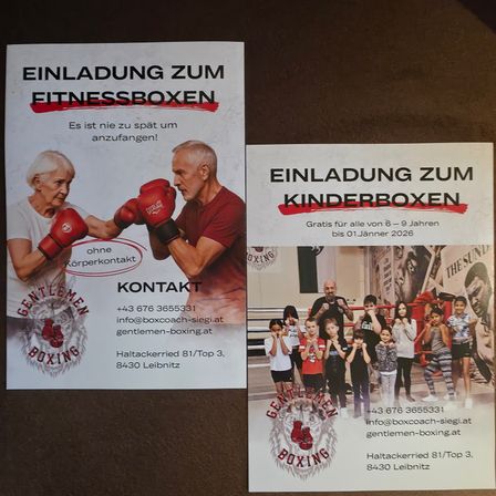 Zwei Poster für Boxveranstaltungen. Eines für Fitnessboxen und eines für Kinderboxen. Beide haben Kontaktdaten. Das Fitnessbox-Poster zeigt ein älteres Paar beim Boxen. Das Kinderbox-Poster zeigt eine Gruppe von Kindern mit einem Trainer.