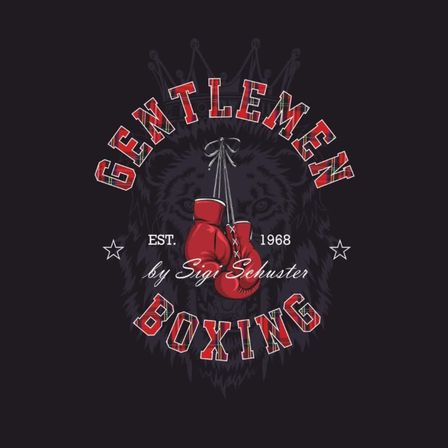Ein Logo für Gentlemen Boxing, gegründet 1968 von Sigi Schuster, zeigt einen Löwenkopf mit Boxhandschuhen, die an einer Krone hängen.