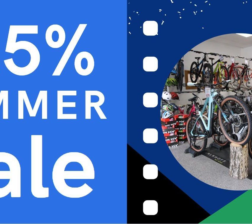 A blue background with white text reading '5% SUMMER SALE'. On the right, a circular image shows a bicycle shop with various bikes and accessories.