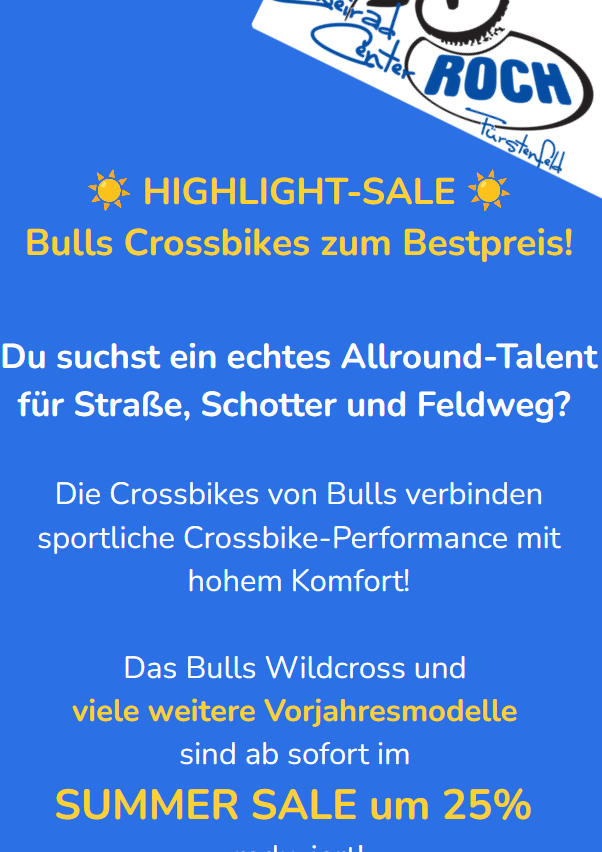 Blauer Hintergrund mit weißem Text, der Bulls Crossbikes im Angebot bewirbt. Hervorhebung des Verkaufs, Bulls Crossbikes sind zum besten Preis erhältlich. Der Text ist auf Deutsch.