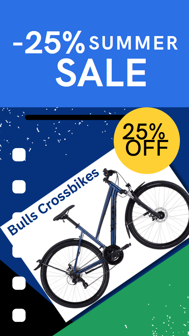 Werbeanzeige für Bulls Crossbikes mit 25% Rabatt. Das Fahrrad ist blau mit einem gelben Kreis, der den Rabatt hervorhebt.