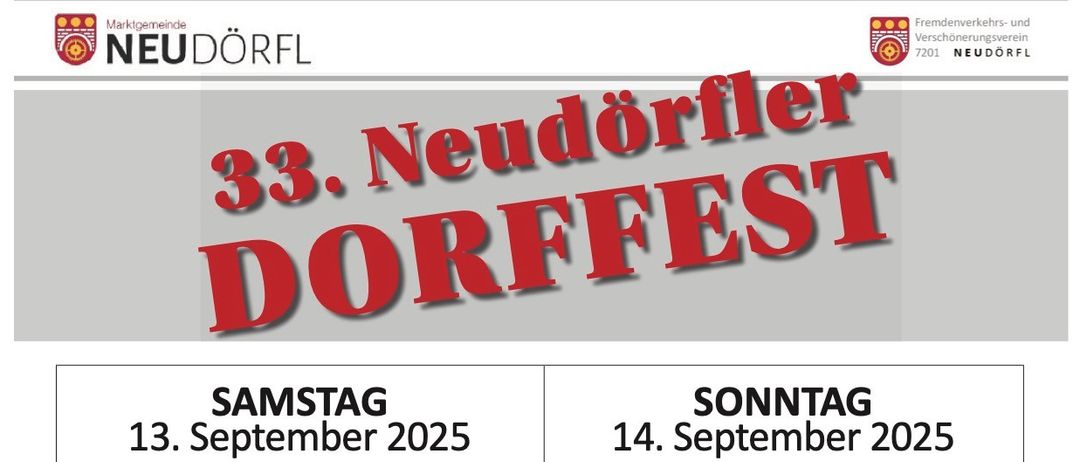 Plakat für Dorffest mit Veranstaltungsplan für den 13. und 14. September 2025. Veranstaltungen umfassen Baumpflanzung, Gottesdienst, Sportschießen, Frühstück mit Würstchen, DJ-Auftritte und eine Tombola.