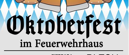Ein Plakat für das Oktoberfest im Feuerwehrhaus mit zwei Bierkrügen und Brezeln, dem Datum 11.10. und Sponsoren Bierbar von Blech Sound, Bierkist Neudorfl und Bieranstich.