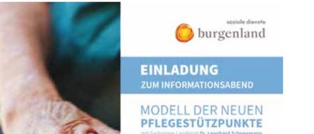 Plakat mit älteren Händen, eine Einladung zu einer Informationsveranstaltung über das neue Pflegeunterstützungsmodell, mit Datum und Ort.