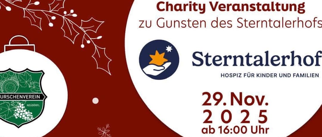 Plakat für Sterntalerhof Advent-Veranstaltung. Datum: 29. Nov. 2025. Zeit: 16:00 Uhr. Angebote umfassen Punsch, Glühwein, Getränke, Bernis Apfelstrudel Shot, Kartoffelpuffer, Debreziner & Frankfurter mit Gebäck und Steckerlbrot für Kinder.