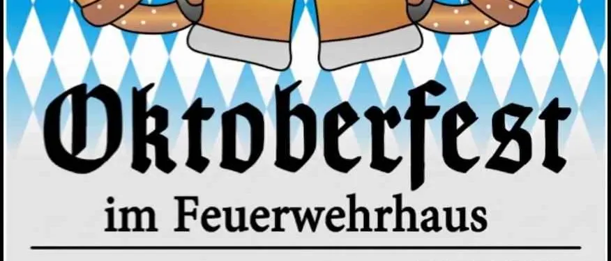 Plakat für das Oktoberfest im Feuerwehrhaus, mit einem Sturmgewehr, Brezeln und Bierkrügen, datiert 1883. Veranstaltungsdetails umfassen eine Bierverkostung, Weißwurst und Blech Sound.