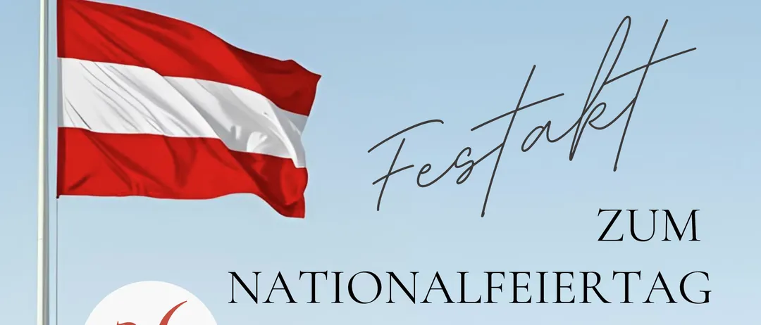 Ein Plakat für das Nationalfeiertag-Ereignis am 26. Oktober mit Flagge, Zeitplan und Details zur Veranstaltung.
