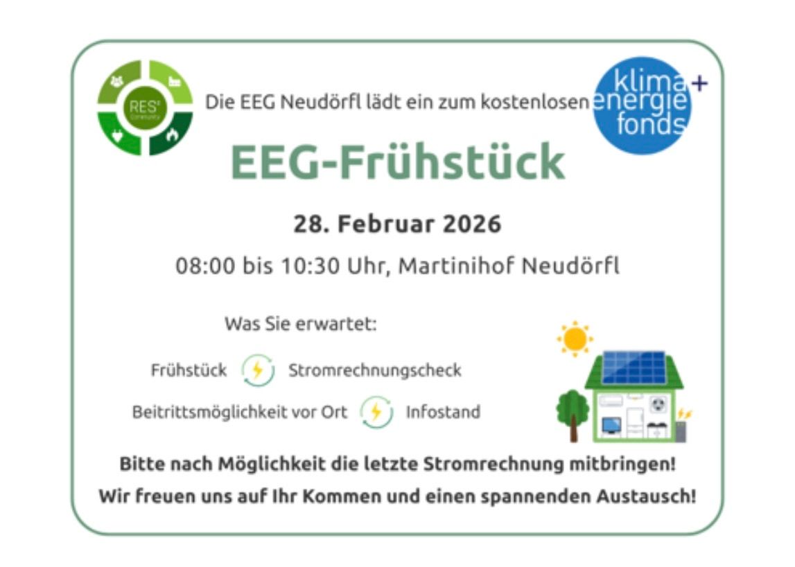 Die EEG Neudörfl lädt zu einem kostenlosen EEE-Frühstück am 28. Februar 2026 von 08:00 bis 10:30 Uhr im Martinihof Neudörfl ein. Erwartet: Frühstück, Zählerablesung, Betriebsbereitschaft vor Ort, Infostand. Bitte bringen Sie die letzte Zählerablesung mit!