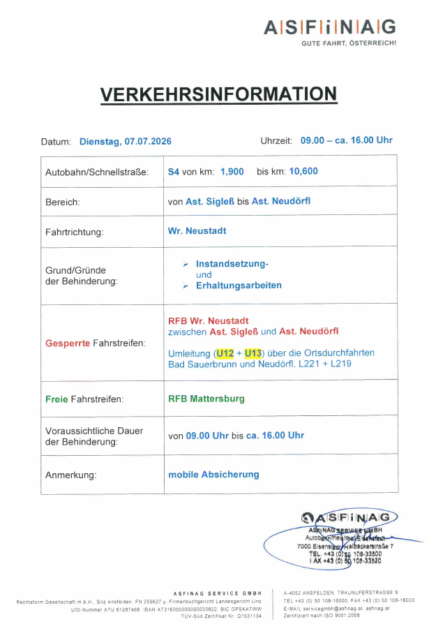 Verkehrsinformation für S4 von km 1.900 bis km 10.600 zwischen Ast. Sigleß und Ast. Neudörfl. Richtung: Wr. Neustadt. Behinderung durch Instandsetzungs- und Erhaltungsarbeiten. Geschätzte Dauer: 09:00 bis 16:00. Mobile Umleitung.