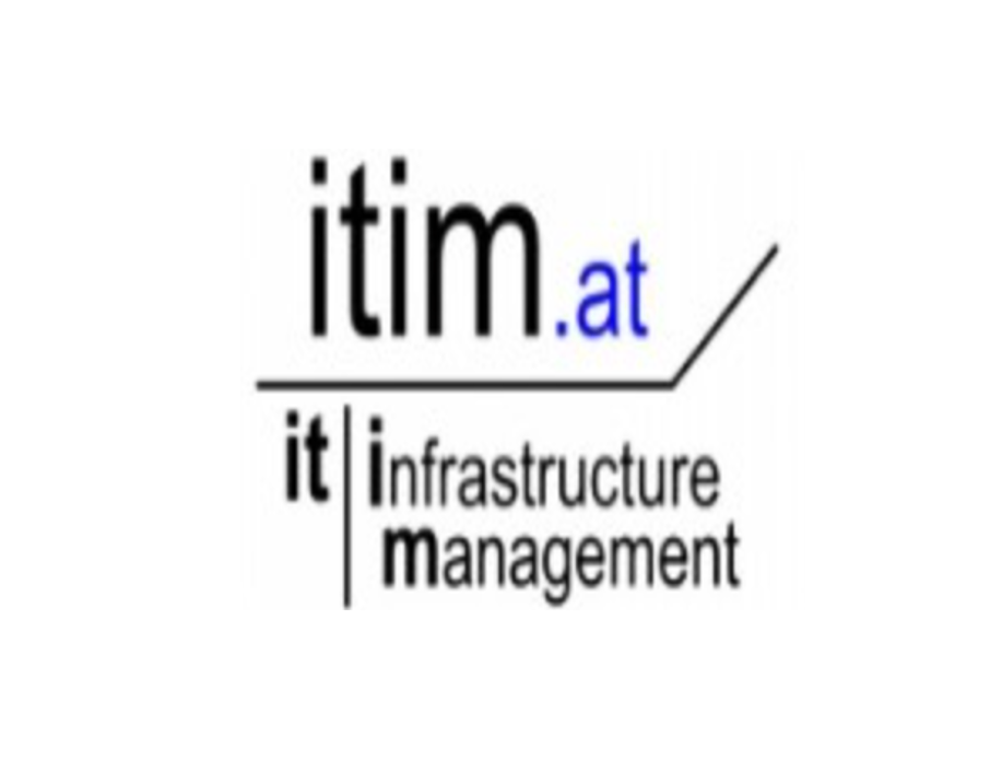 The logo for 'itim.at' features a combination of black and blue text, with 'itim' in black and '.at' in blue, positioned above a slanted line. Below the line, it reads 'it Infrastructure Management'.