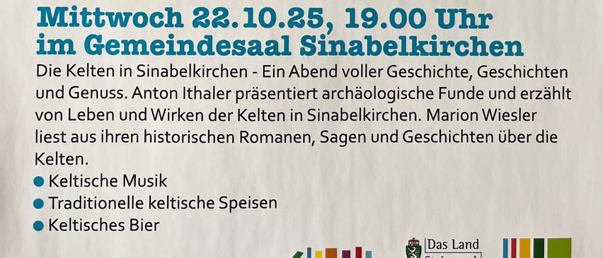 Plakat für einen Abend mit keltischen Geschichten und Musik. Enthält Illustrationen von Büchern, einem Schloss, einem Krug, einem Herz, einem Drachen und Brezeln. Veranstaltungsdetails beinhalten Datum, Uhrzeit und Ort.