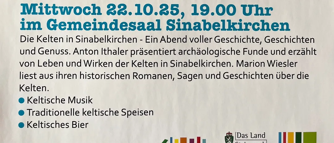 Plakat für einen Abend mit keltischen Geschichten und Musik. Enthält Illustrationen von Büchern, einem Schloss, einem Krug, einem Herz, einem Drachen und Brezeln. Veranstaltungsdetails beinhalten Datum, Uhrzeit und Ort.