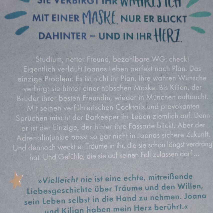 A poster with a quote about a woman hiding her true self behind a mask. It mentions a friend named Kilian who disrupts her life with his charm. The text explores themes of dreams and desires that she has long suppressed.