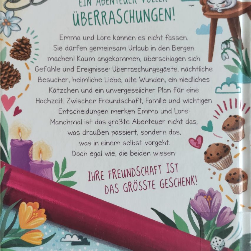 A book cover shows Emma and Lore's mountain vacation with illustrations of pine cones, flowers, and a cat. It features a quote about their adventure filled with surprises and a promise that friendship is their greatest gift.