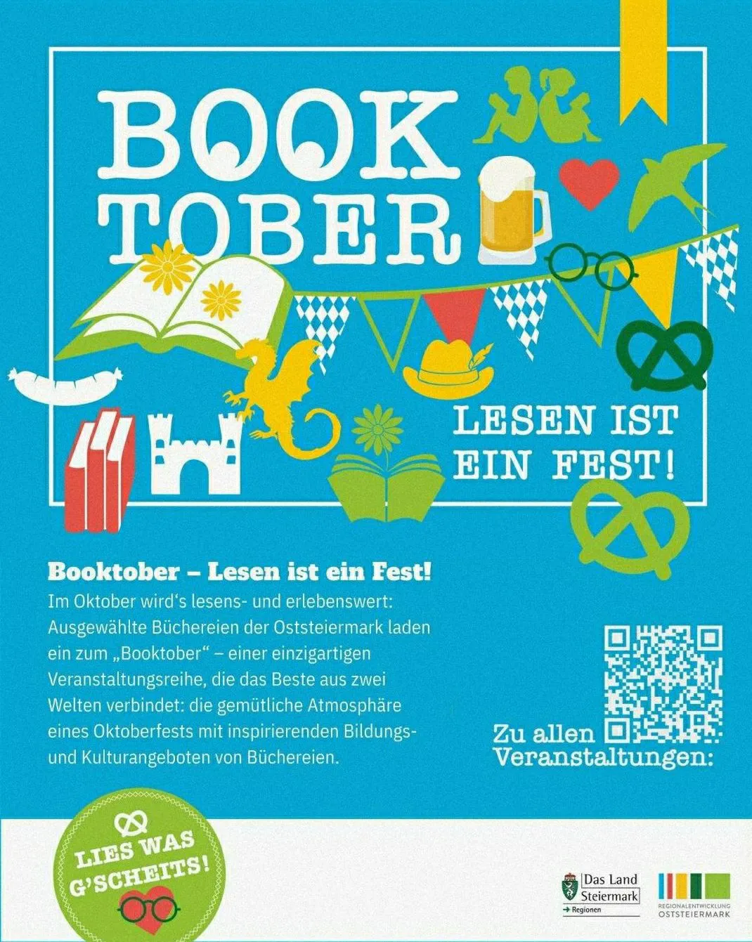 Ein Plakat für Booktober, ein Buchfestival im Oktober. Das Plakat hat einen blauen Hintergrund mit verschiedenen Illustrationen, darunter Bücher, eine Burg, ein Bierkrug, ein Herz, eine Brezel, eine Blume, ein Drache und eine Person, die liest. Der Text ist auf Deutsch und es befindet sich ein QR-Code auf der rechten Seite.