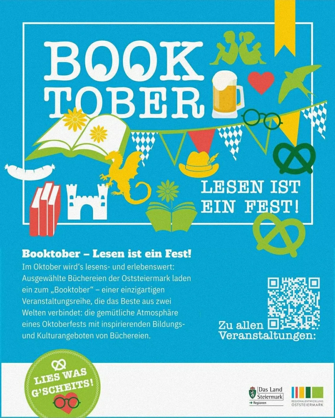 Plakat für Booktober, ein Lesefestival im Oktober. Das Plakat zeigt einen blauen Hintergrund mit verschiedenen Illustrationen, darunter Bücher, eine Burg, ein Drache, ein Bierkrug, ein Herz, eine Brille, eine Brezel und einen QR-Code.