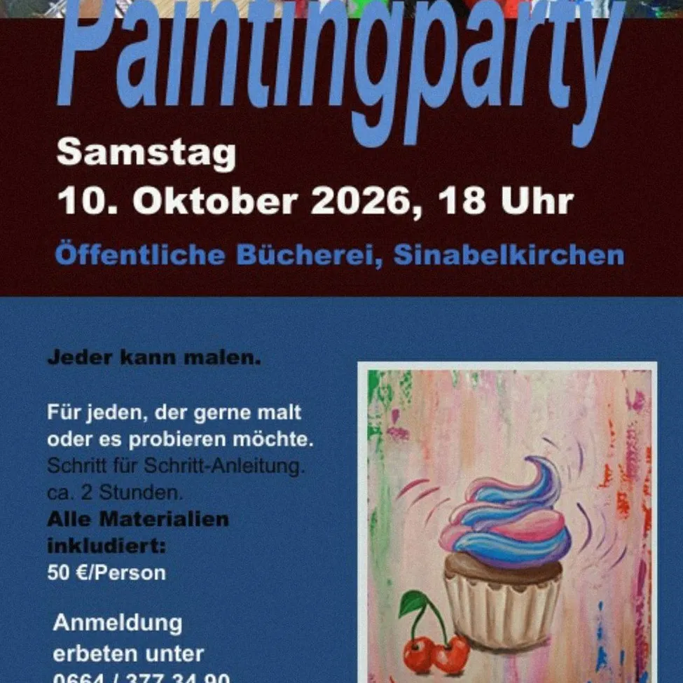 Plakat für eine Malparty-Veranstaltung, die ein farbenfrohes abstraktes Gemälde eines Cupcake mit Kirschen auf braunem Hintergrund zeigt. Das Plakat enthält Details wie Datum, Uhrzeit, Ort und Kosten.