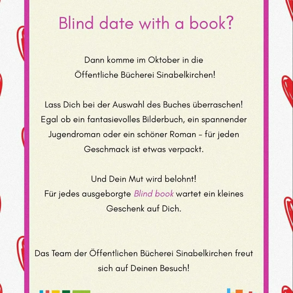 Ein Plakat mit einem rosa Rand bewirbt ein Blind Date mit einem Buch in der öffentlichen Bibliothek Sinabelkirchen im Oktober.