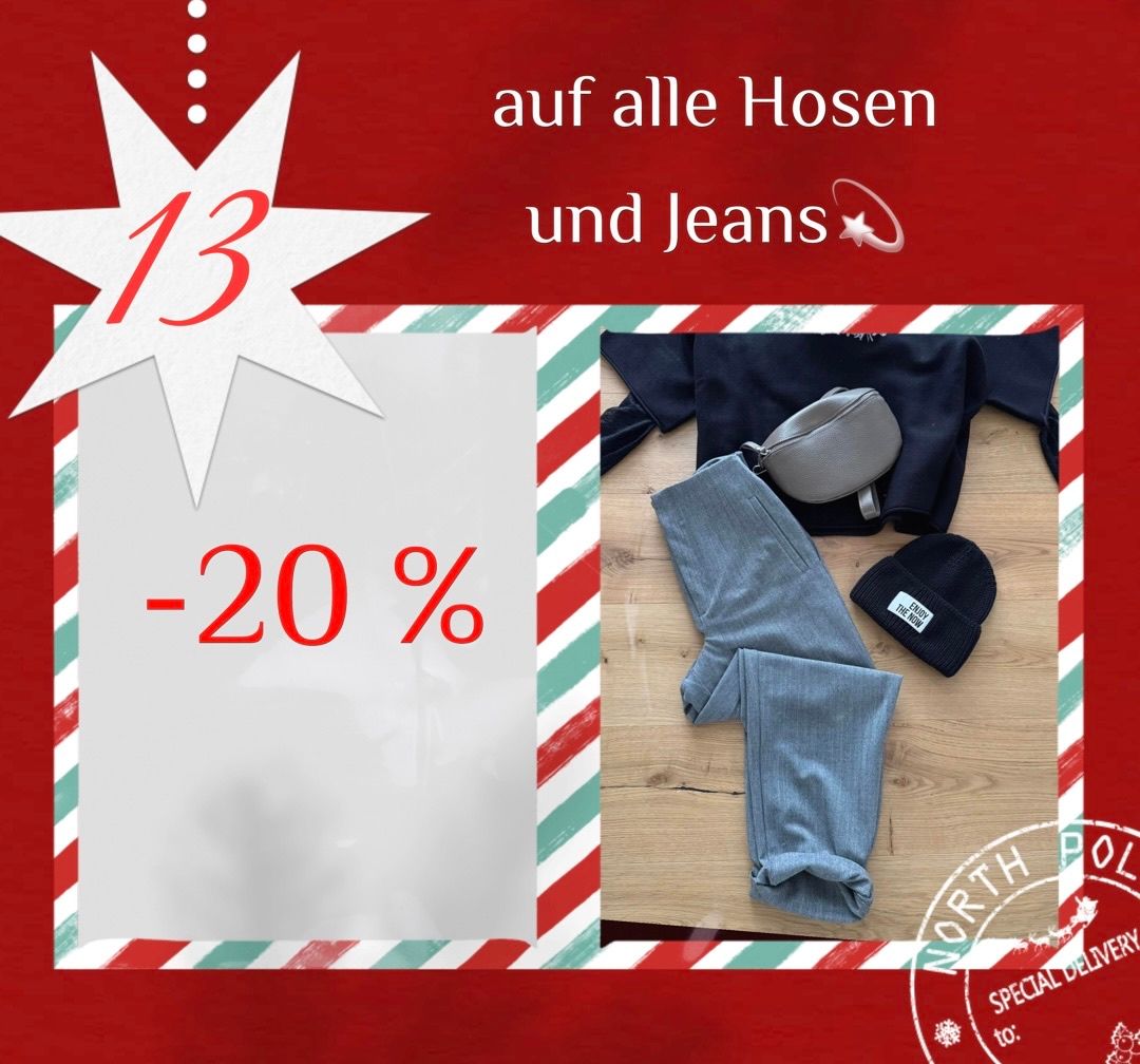 Roter Plakat mit einer Anzeige für 20% Rabatt auf alle Hosen und Jeans. Ein Foto von Jeans, einer Mütze und einer Geldbörse ist auf dem Plakat abgebildet.