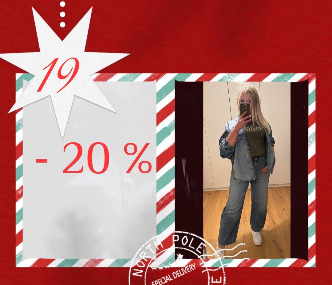 Ein Werbebild zeigt eine Frau, die ein Selfie macht, mit einem 20% Rabattangebot. Der Text '-20%' steht auf einem rot-weiß gestreiften Hintergrund.
