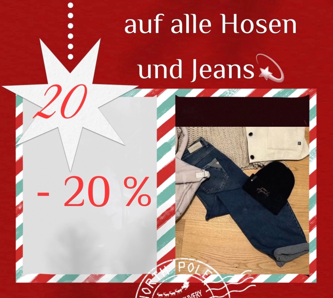 Eine Anzeige bietet 20% Rabatt auf alle Hosen und Jeans an. Der Text ist in fetten weißen Buchstaben auf rotem Hintergrund mit einem weißen Stern. Das Bild zeigt einen Stapel Kleidung, einschließlich Jeans und einer Mütze.