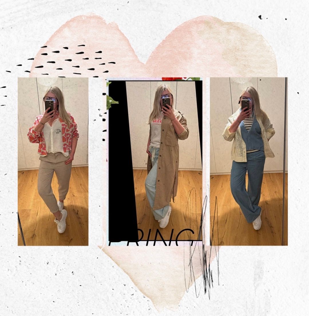 Drei Fotos einer Frau, die Selfies im Spiegel macht und verschiedene Outfits trägt. Im ersten trägt sie eine rosa Jacke und beige Hosen. Im zweiten trägt sie einen beigen Trenchcoat. Im dritten trägt sie eine blaue Jumpsuit.