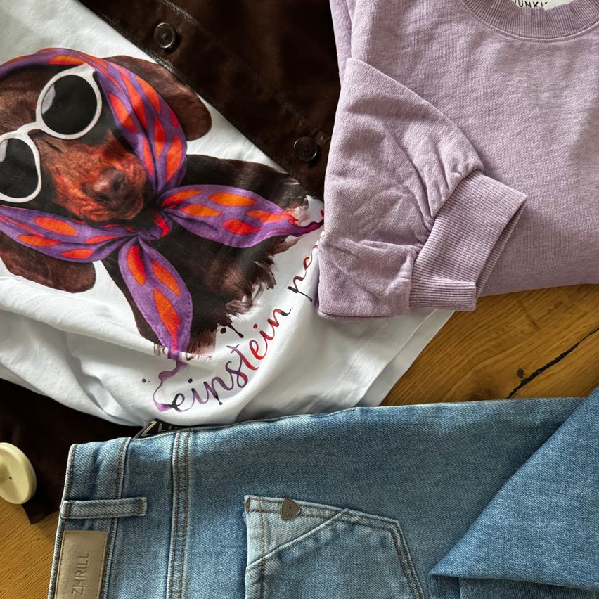 Eine Sammlung von Kleidungsstücken, darunter ein weißes T-Shirt mit einem Hund, der eine Sonnenbrille trägt, ein lila Langarmshirt und blaue Jeans.