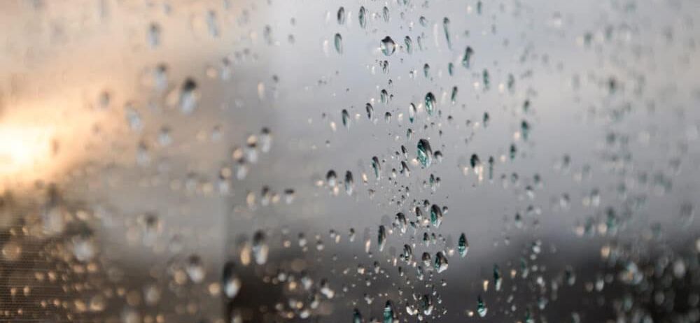 Eine Nahaufnahme eines Fensters mit Regentropfen, die sich auf der Scheibe bilden. Die Regentropfen variieren in der Größe, und einige verschmelzen gerade. Der Hintergrund ist unscharf, was auf einen bewölkten Tag hinweist.