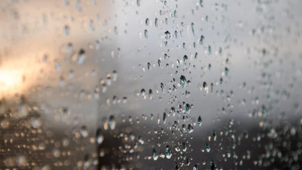 Eine Nahaufnahme eines Fensters mit Regentropfen, die sich auf der Scheibe bilden. Die Regentropfen variieren in der Größe, und einige verschmelzen gerade. Der Hintergrund ist unscharf, was auf einen bewölkten Tag hinweist.