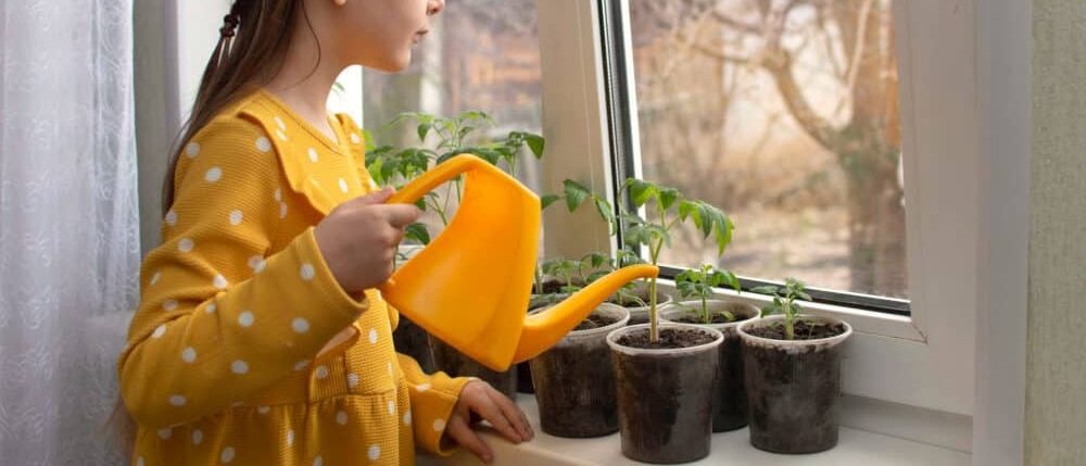 Ein kleines Mädchen in einem gelben Kleid mit Punkten gießt Topfpflanzen mit einer gelben Gießkanne am Fenster.