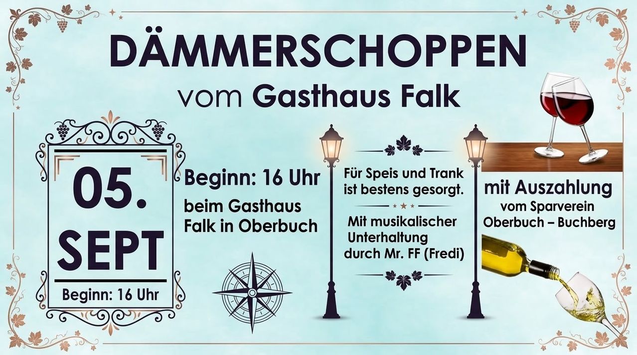 Ein Plakat für eine Sommerabendveranstaltung im Gasthaus Falk in Oberbuch. Es zeigt einen Kompass, Laternen und erwähnt Essen, Getränke und musikalische Unterhaltung durch Herrn FF (Fredi). Die Veranstaltung beginnt um 16 Uhr.