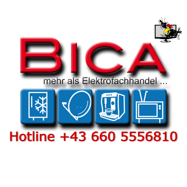 BICA-Logo mit Hotline-Nummer +43 660 5556810, mit Symbolen für Kühlung, Satellit, Kaffeemaschine und Fernseher. Der Slogan 'mehr als Elektrofachhandel' bedeutet 'mehr als ein Elektrofachgeschäft.'