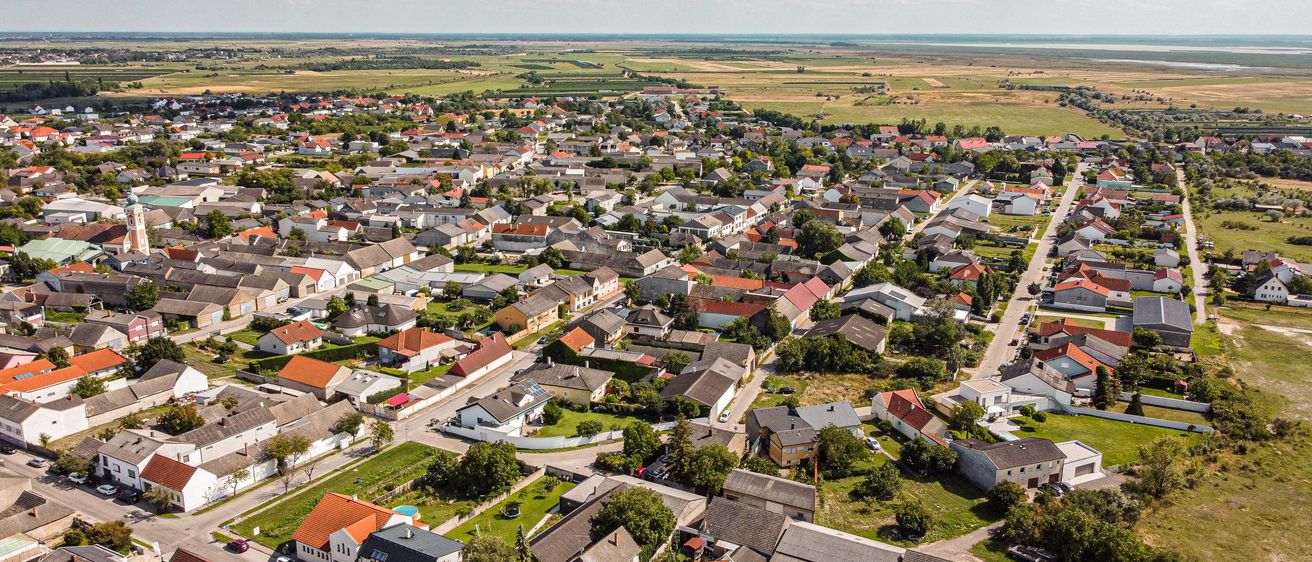 Luftaufnahme eines Vorstadtviertels mit verschiedenen Häusern, einige mit roten Dächern, vor dem Hintergrund grüner Felder und eines klaren blauen Himmels mit verstreuten Wolken.