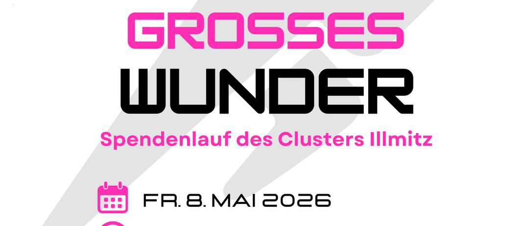 Werbeposter für den Wohltätigkeitslauf Kleine Schritte Grosses Wunder. Datum: Freitag, 8. Mai 2026. Zeit: 08:00 - 12:40 Uhr. Ort: Sportplatz Apelton. Jeder Euro unterstützt das Kinderkrankenhaus.