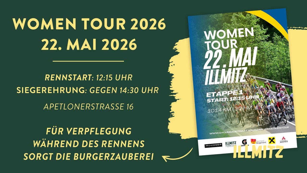 Plakat für die Frauentour in Illmitz 2026, Start um 12:15, Ende gegen 14:30, mit 101,4 km auf der 16. Kronerstrasse.