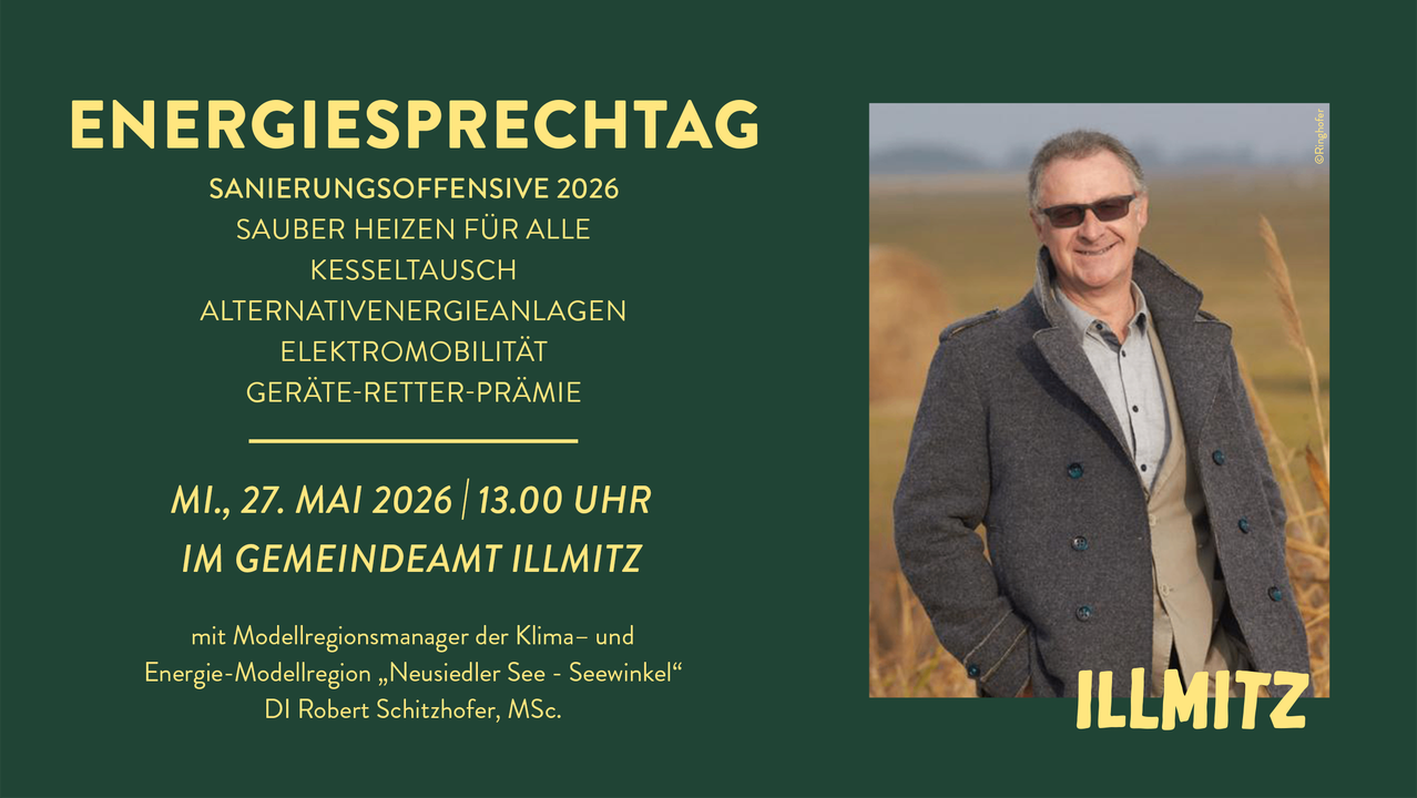Das Bild zeigt einen Mann auf einem Feld mit einer Rede über Heizung für alle, Wärmepumpenaustausch, aktive Energieanlagen, E-Mobilität und einem Datum vom Mai 2026 um 13 Uhr.