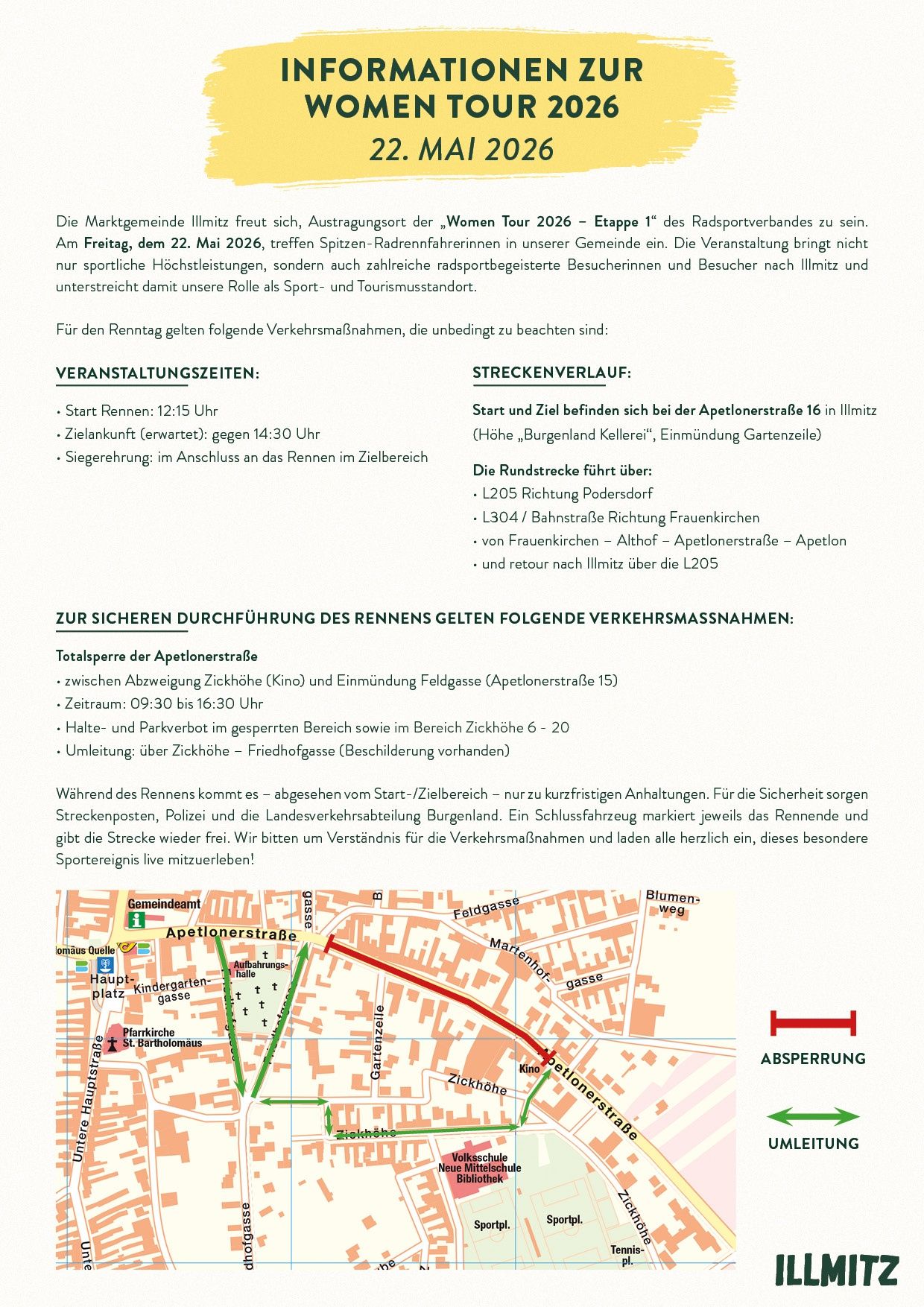 Die Marktgemeinde Illmitz freut sich, Austragungsort der „Women Tour 2026 – Etappe 1“ des Radsportverbandes zu sein. Am Freitag, dem 22. Mai 2026, treffen Spitzen-Radrennfahrerinnen in unserer Gemeinde ein. Die Veranstaltung bringt nicht nur sportliche Höchstleistungen, sondern auch zahlreiche radsportbegeisterte Besucher nach Illmitz und überschreitet damit unsere Rolle als Sport- und Tourismusstandort.