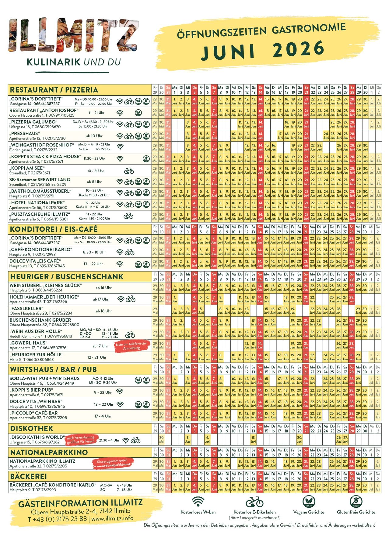 Das Bild ist eine Tabelle, die die Öffnungszeiten verschiedener Restaurants, Pizzerien, Cafés und Bars in einer Stadt nach Wochentagen organisiert zeigt. Jeder Eintrag enthält den Namen, die Adresse, die Öffnungszeiten und manchmal spezielle Hinweise oder angebotene Dienstleistungen.
