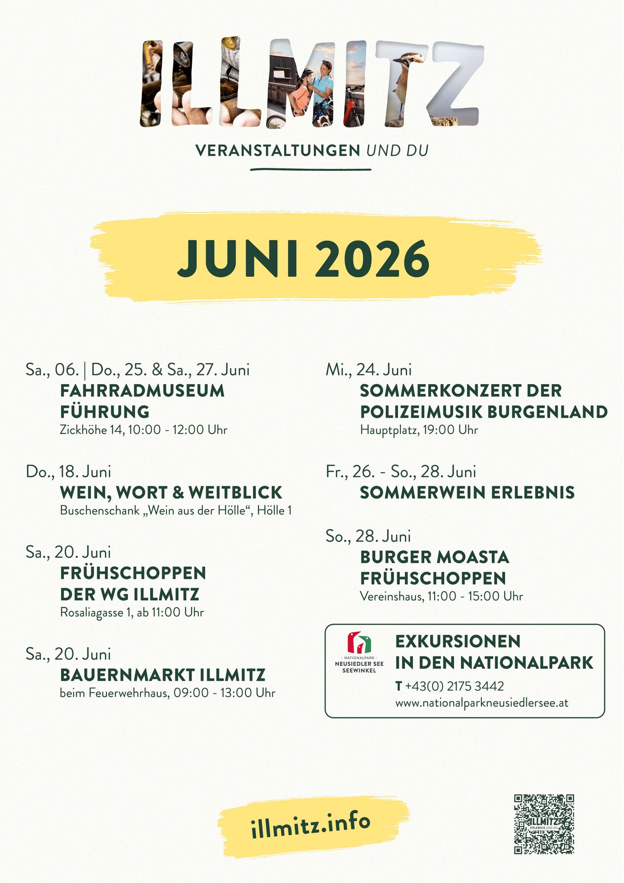 Plakat mit verschiedenen Veranstaltungen für Juni 2026. Veranstaltungen umfassen Fahrradmuseumsführungen, Sommerkonzerte der Polizeimusik Burgenland, Wein- und Wortveranstaltungen und frühe Einkaufsveranstaltungen. Kontaktdetails sind angegeben.