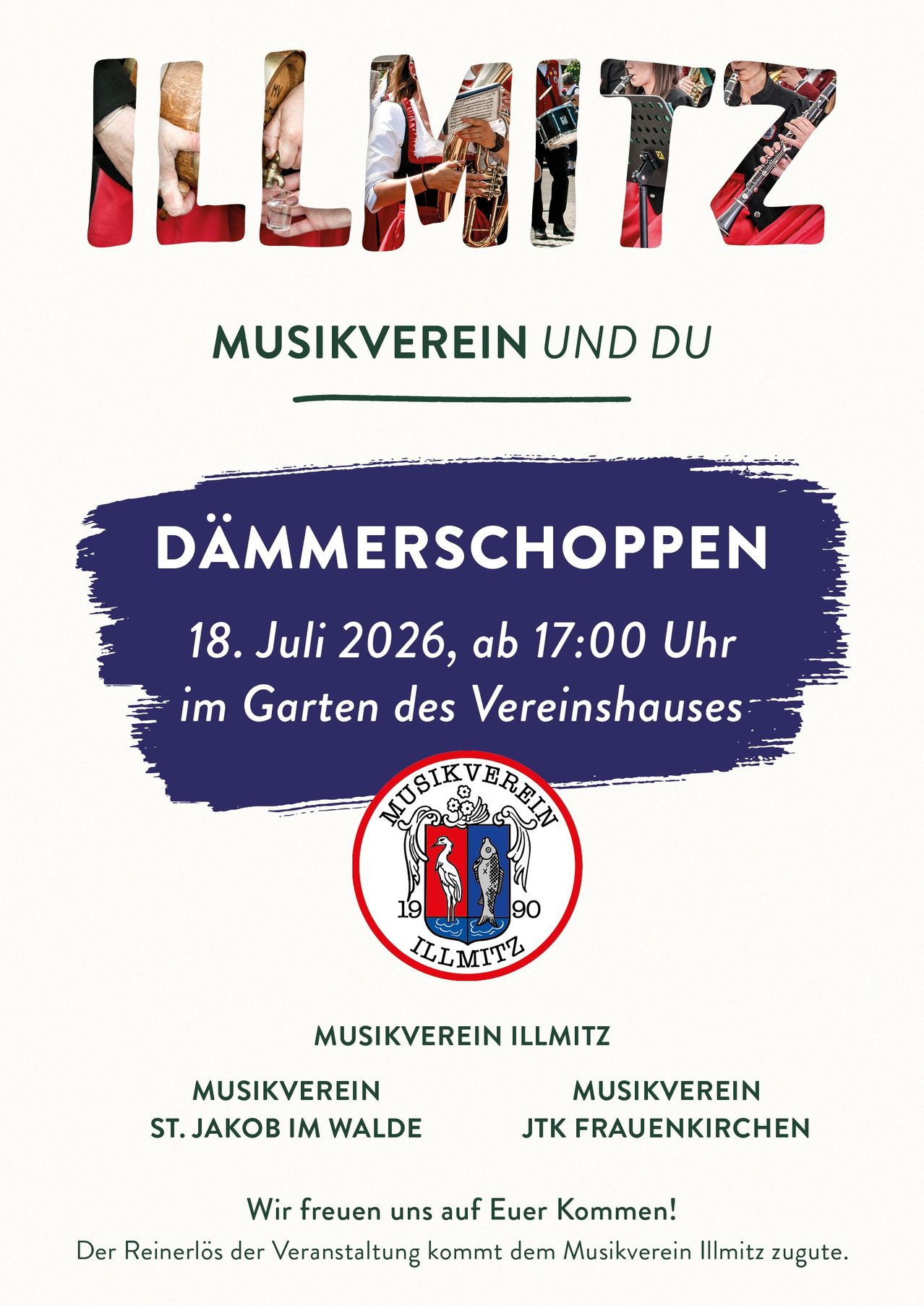 Plakat für eine Musikveranstaltung von Musikverein Illmitz, mit einem musikalischen Emblem, Datum 18. Juli 2026 und Zeit 17:00 Uhr. Die Veranstaltung heißt 'Dämmerschoppen' und findet im Garten des Vereinshauses statt.