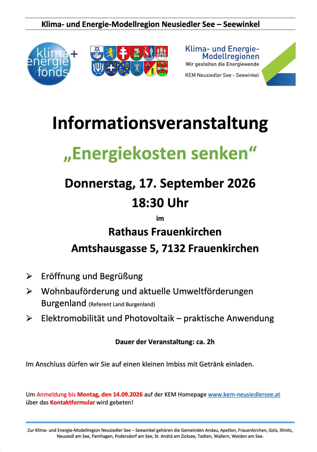 Plakat für eine Informationsveranstaltung mit dem Titel 'Energiekosten sinken'. Geplant für Donnerstag, 17. September 2026, um 18:30 Uhr im Rathaus Frauenkirchen, Frauenkirchen. Themen sind Eröffnung und Begrüßung, Wohnbauförderung und aktuelle Umweltforderungen sowie praktische Anwendungen von Elektromobilität und Photovoltaik. Dauer: ca. 2 Stunden. Die Teilnehmer sind zu einem kleinen Imbiss mit Getränken eingeladen.