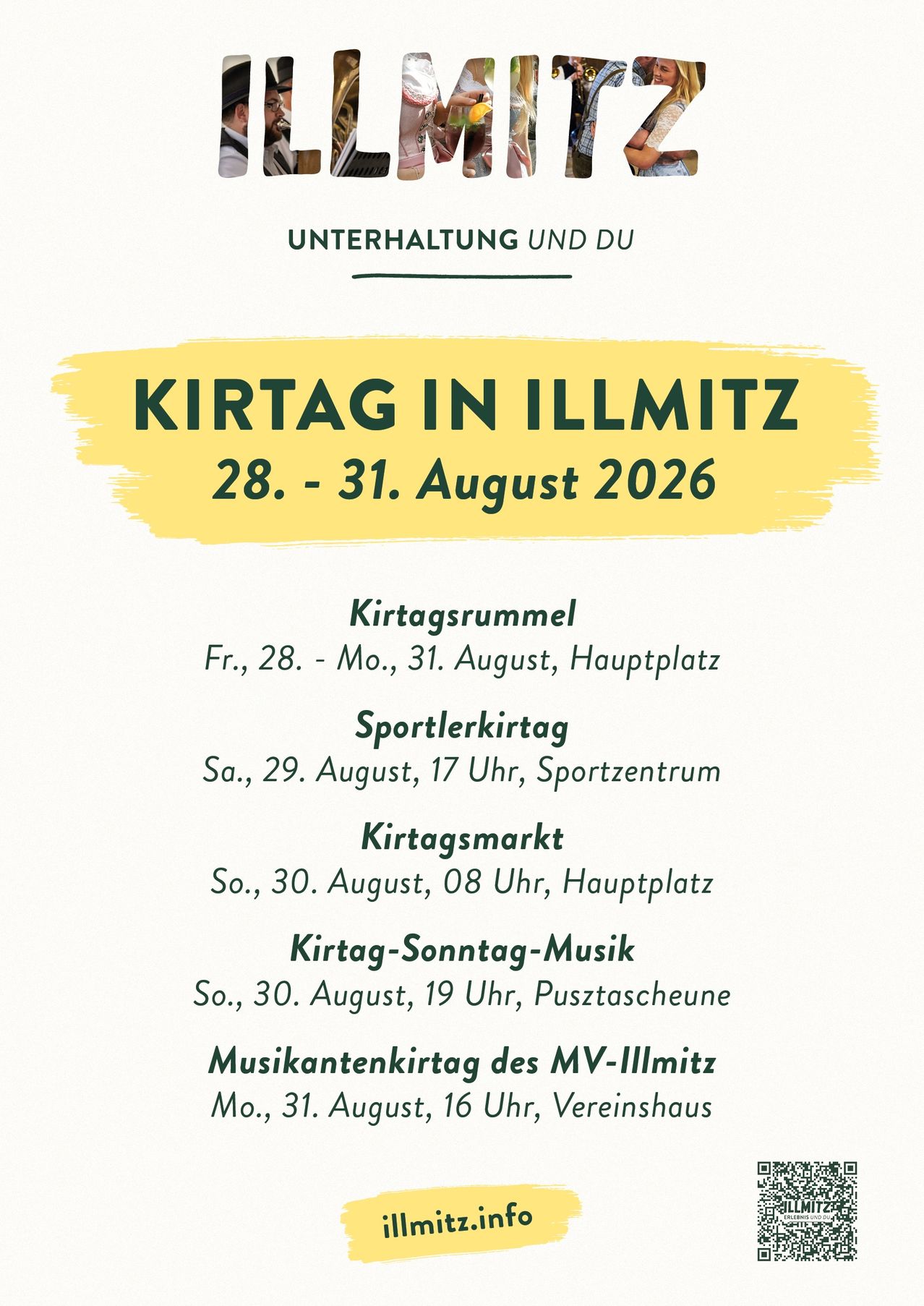 Ein Plakat, das das Illmitzer Dorffest vom 28. bis 31. August 2026 ankündigt. Es enthält Details über das Trommelkreis, Sportfest, Markt und Sonntagsmusik.