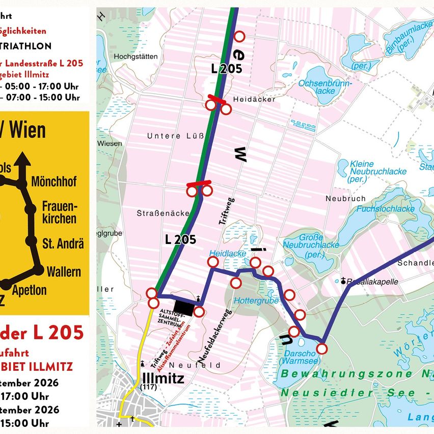 Eine Karte, die die Route der L 205 mit verschiedenen Sehenswürdigkeiten und einem Zeitplan für den Illmitz Triathlon zeigt.