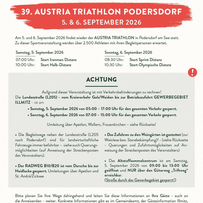 Plakat für den 39. Austria Triathlon in Podersdorf, geplant für den 5. und 6. September 2026. Die Veranstaltung erwartet über 2.500 Athleten und ihre Begleitpersonen. Details umfassen Startzeiten für Ironman, Sprint, Halb- und Olympische Distanzen an beiden Tagen. Straßensperrungen und Verkehrsumleitungen sind für die Veranstaltungstage vermerkt.