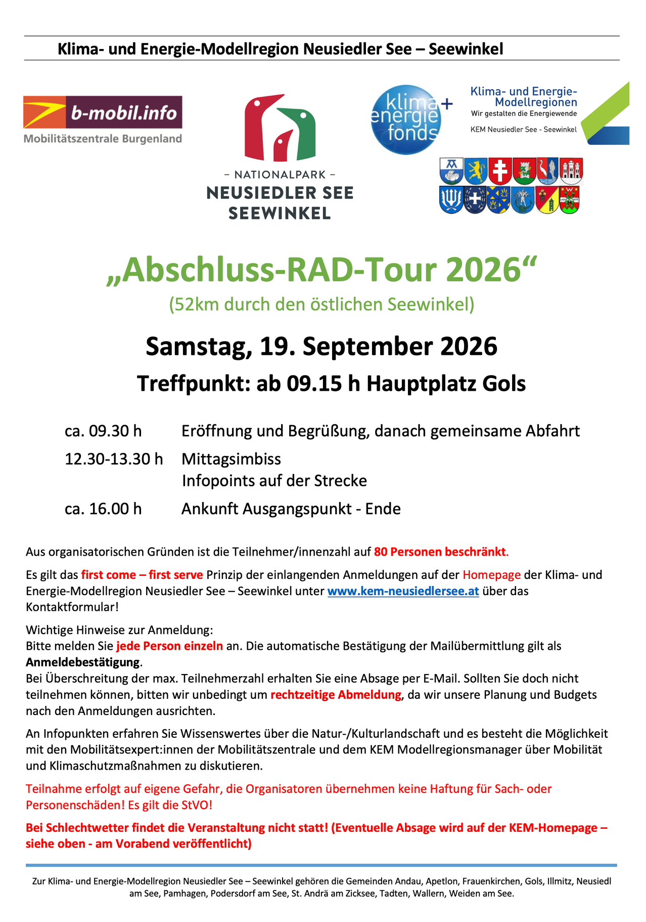 Plakat für die Abschluss-RAD-Tour 2026 im Neusiedler See-Seewinkel mit Routenplan, Datum, Treffpunkt, Zeitplan und Anmeldeinformationen. Die Veranstaltung ist auf 80 Teilnehmer begrenzt.